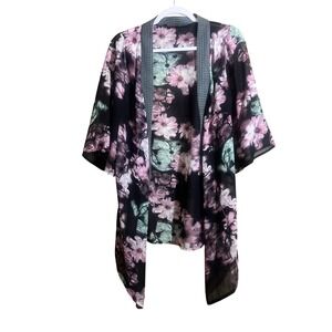Mark. Floral Kimono Wrap Sheer Black Pink Open Front Cardigan Coverup L/XL
